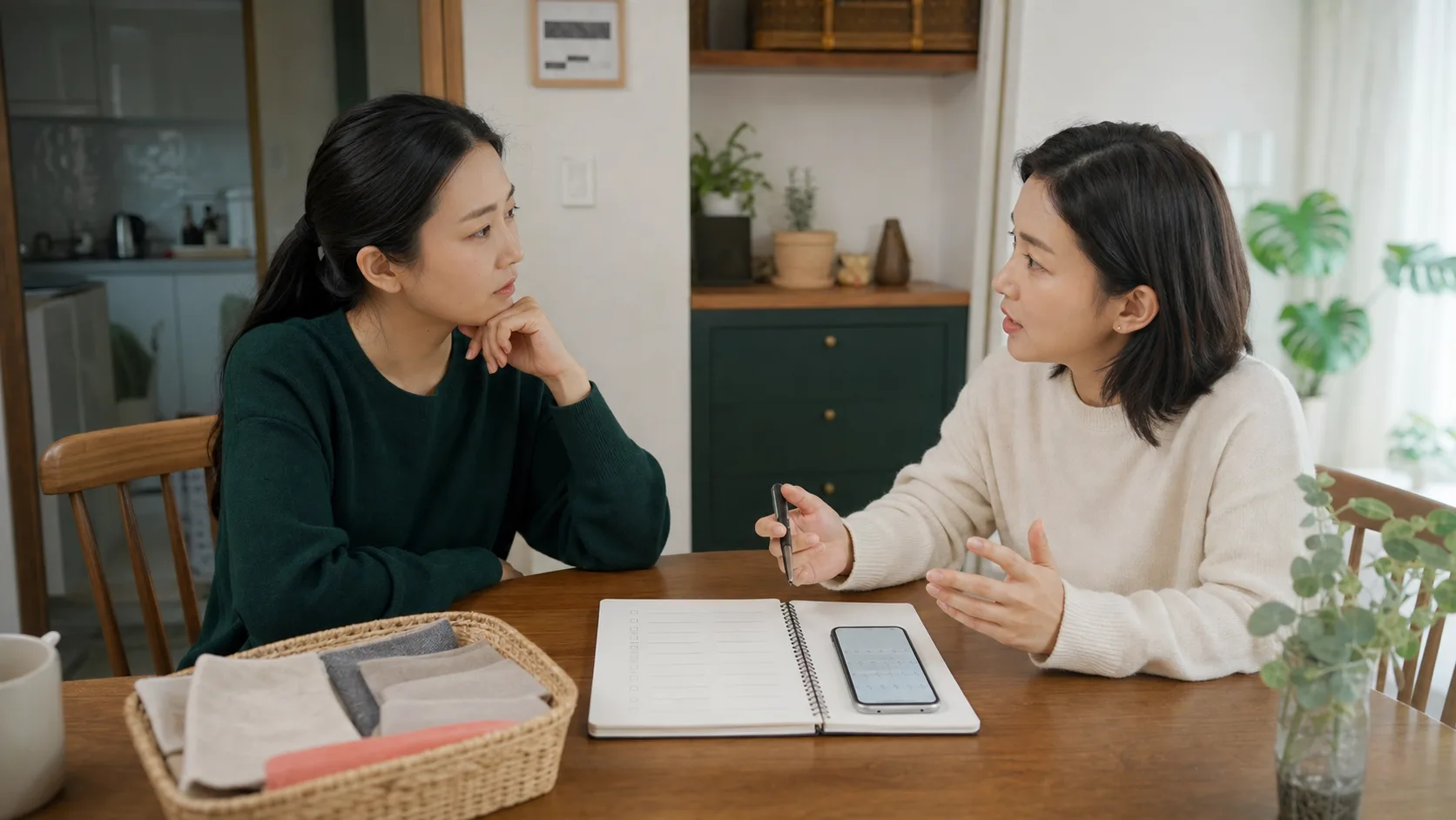 고객과 여성 정리메이트가 첫 상담에서 체크리스트를 놓고 서로의 진행 방식을 확인하는 모습