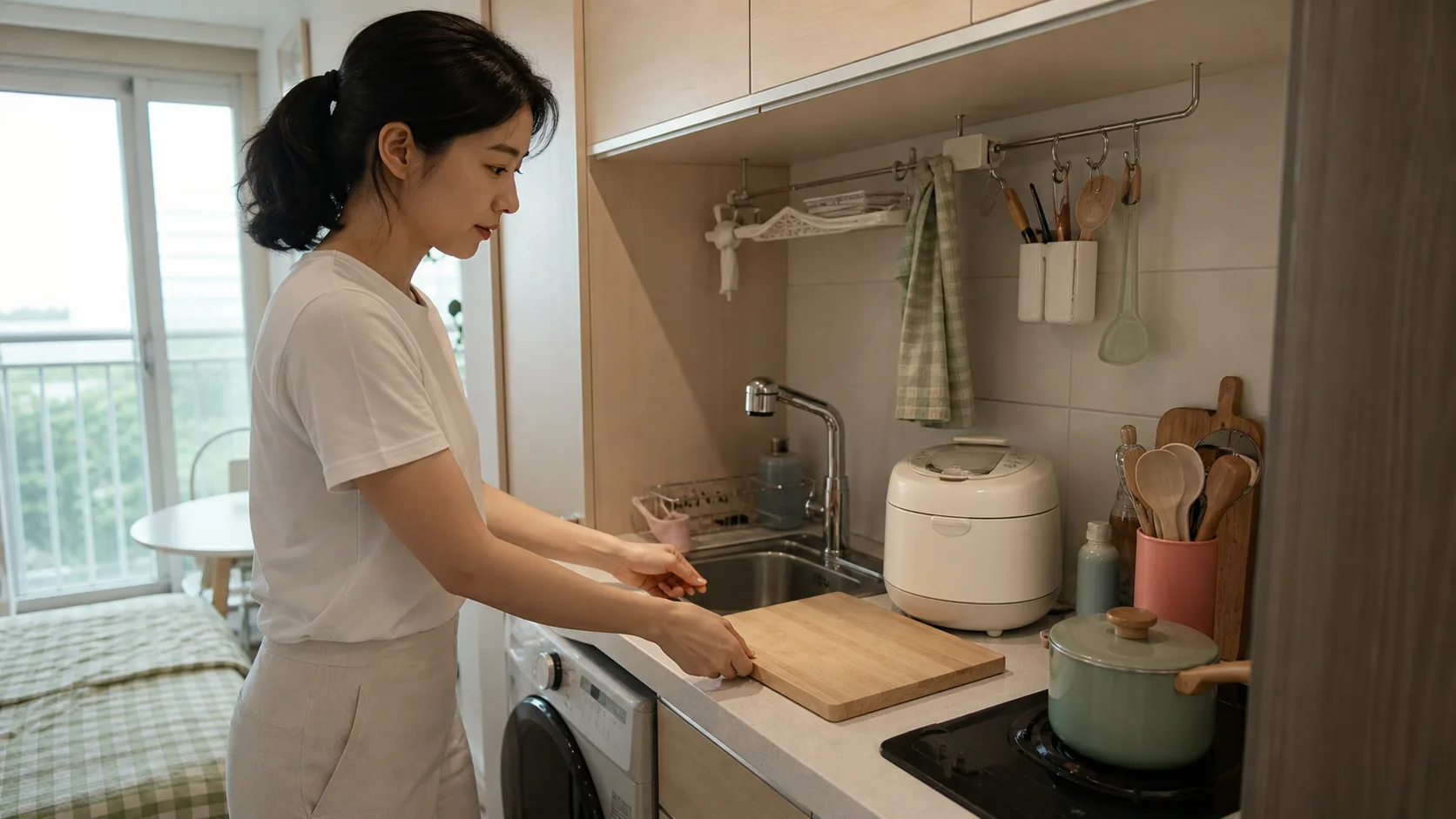 작은 원룸 주방에서 도마 하나가 놓인 30cm 조리 공간을 확보한 모습